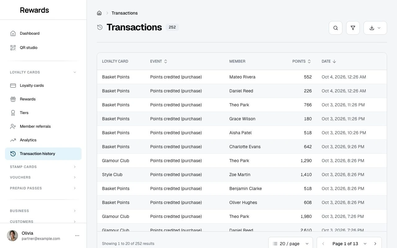 The transaction history with hundreds of ledger rows and the Filters and Export controls for CSV, TSV, and JSON.