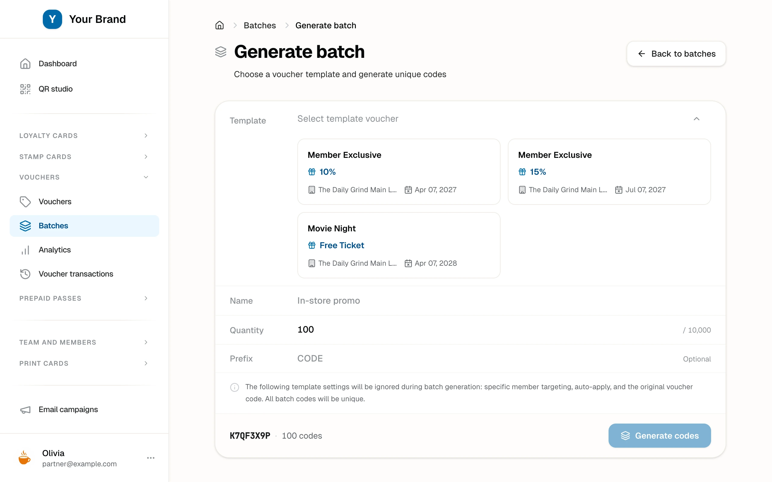 The batch generator with the template voucher picker, quantity, code prefix, and sample code preview.