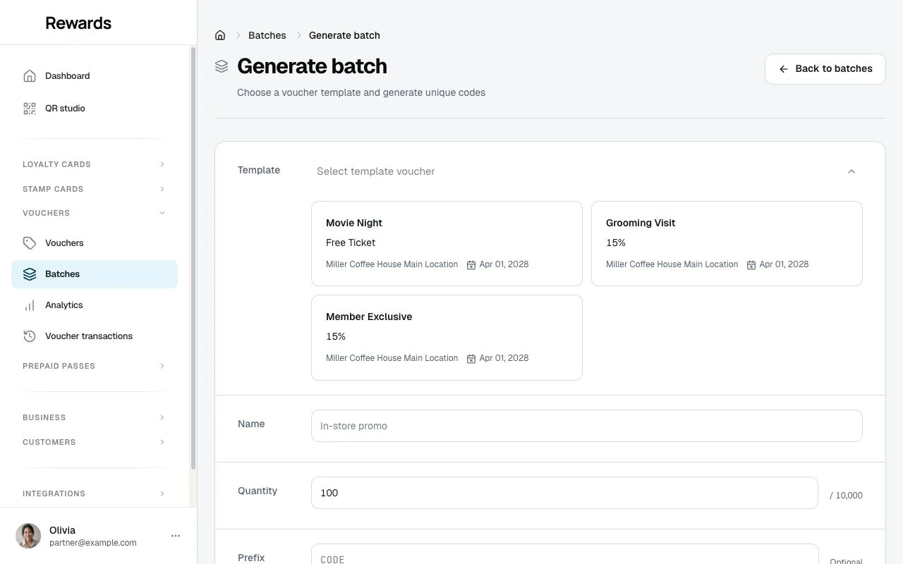 The batch generator with the template voucher picker, quantity, code prefix, and sample code preview.