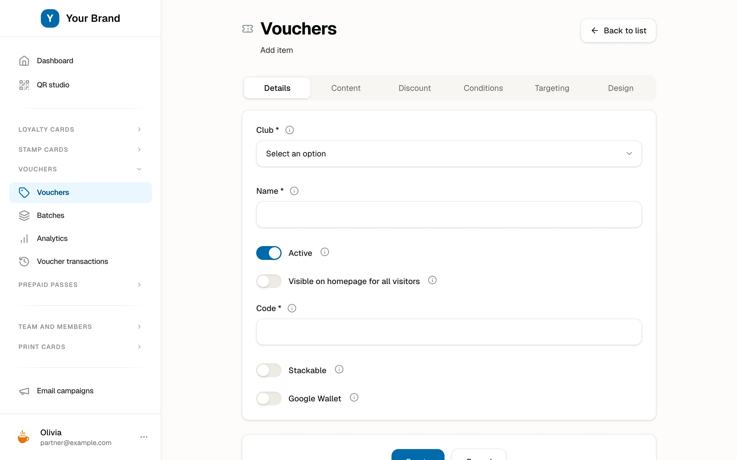 The voucher creation form with its Details, Content, Discount, Conditions, Targeting, and Design tabs.