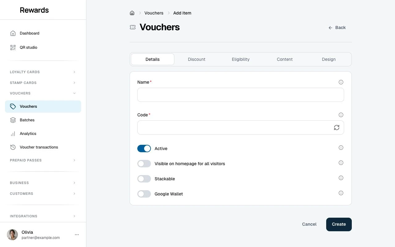 The voucher creation form with discount, eligibility, content and design settings.