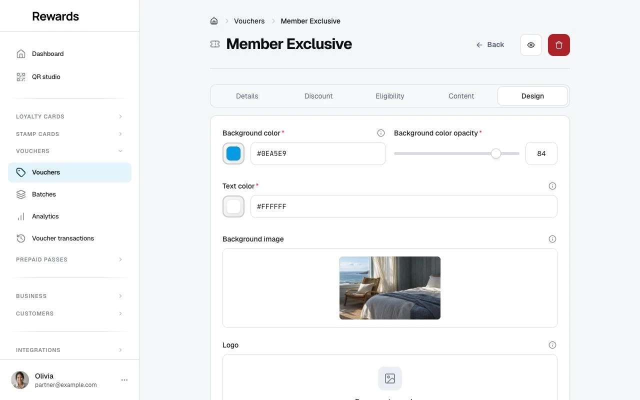 The voucher Design tab with colors, logo, background image, and the live preview of the branded voucher card.