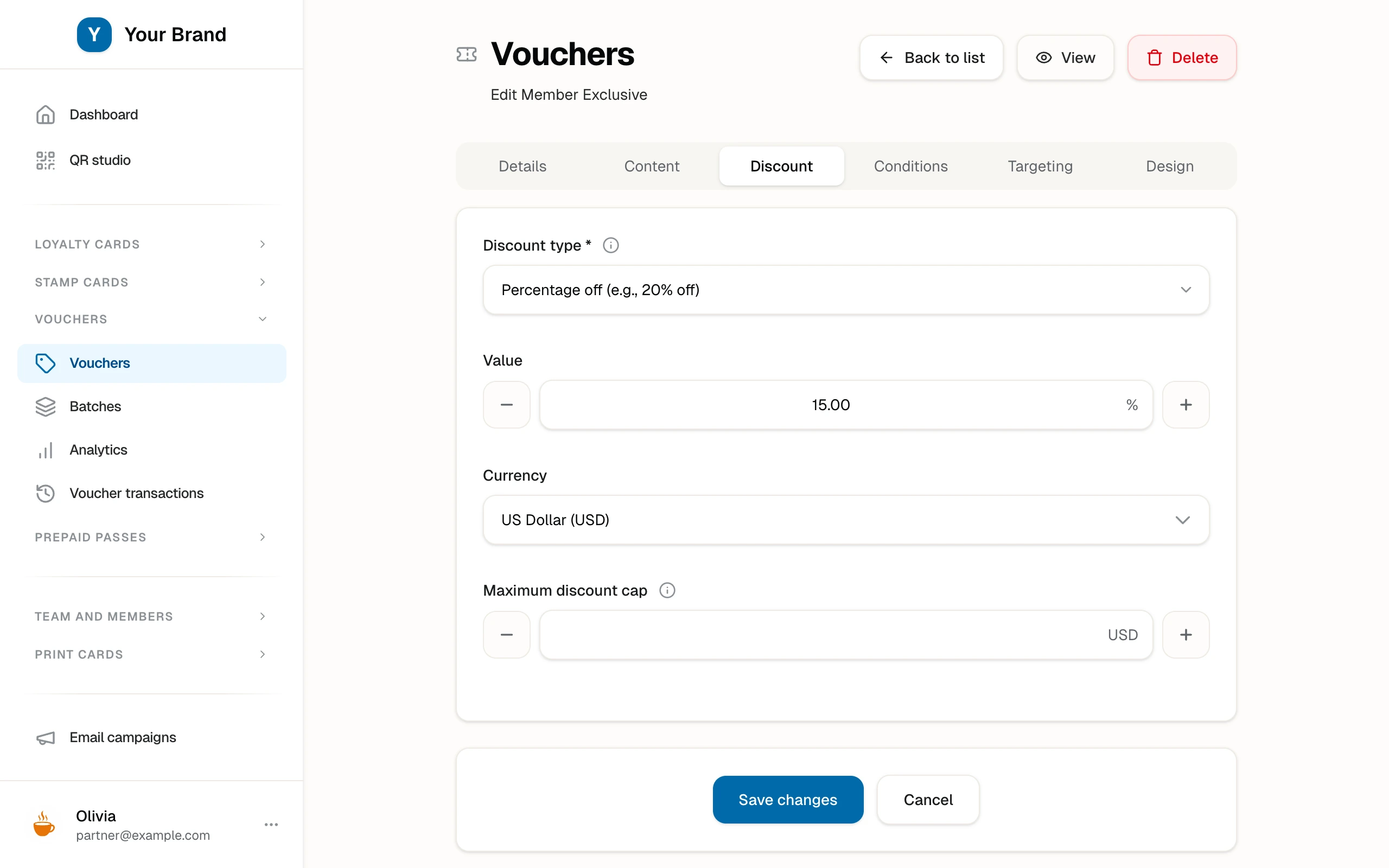 The Discount tab with the four voucher types as first-class options and the fields for the selected type.