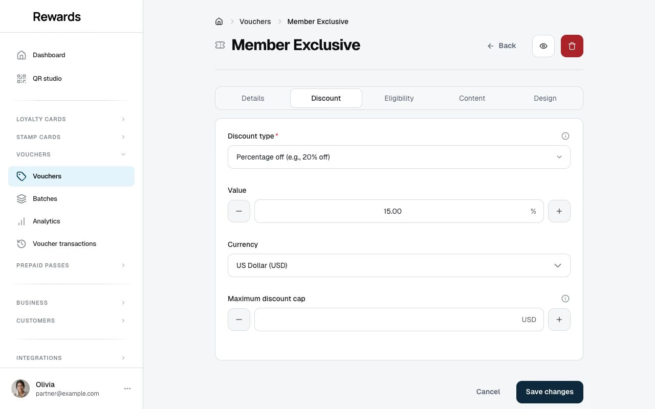The Discount tab with the four voucher types as first-class options and the fields for the selected type.