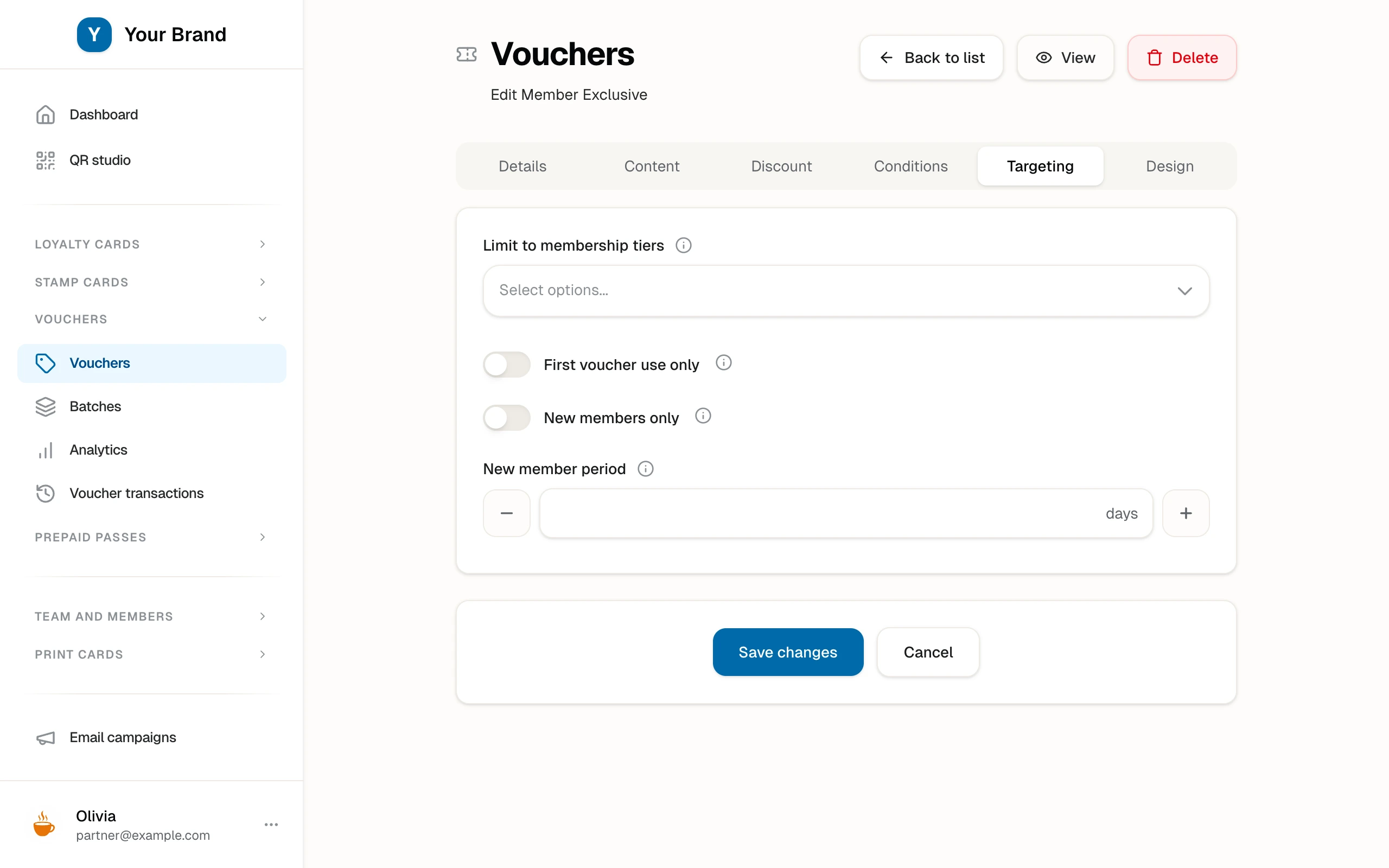 The Targeting tab with tier limits and the first-voucher-use and new-members-only checkboxes.