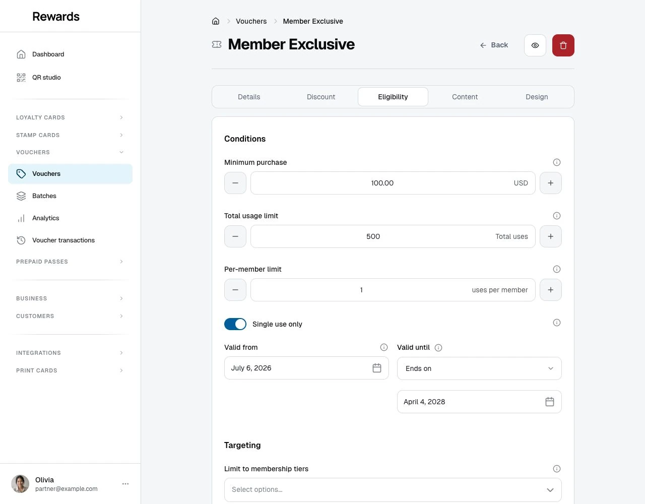 Tier limits and the first-voucher-use and new-members-only controls.