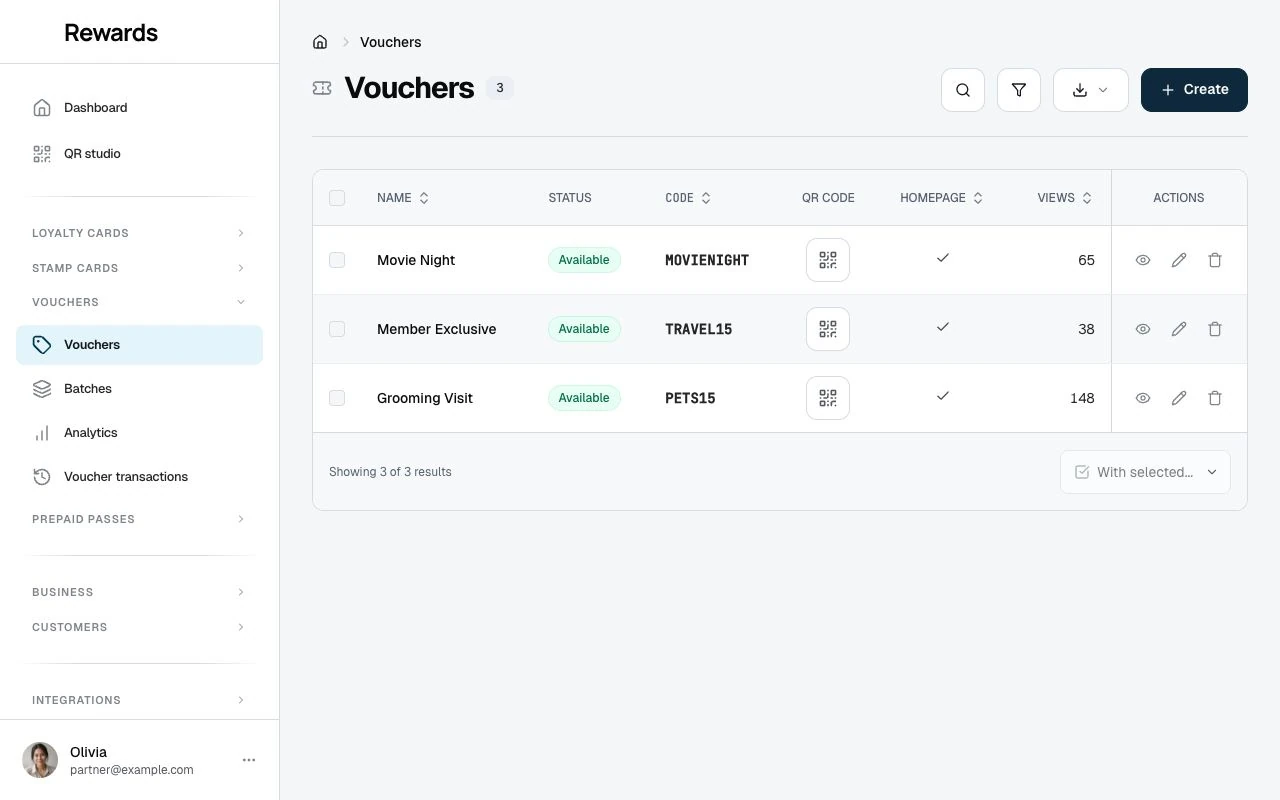 The Vouchers list with active campaigns, their codes, view counts, and per-voucher QR codes.