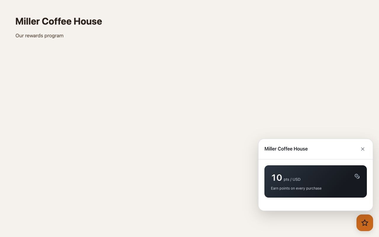 Shopify rewards widget with a points rate, three reward previews, and an expandable list of additional rewards.