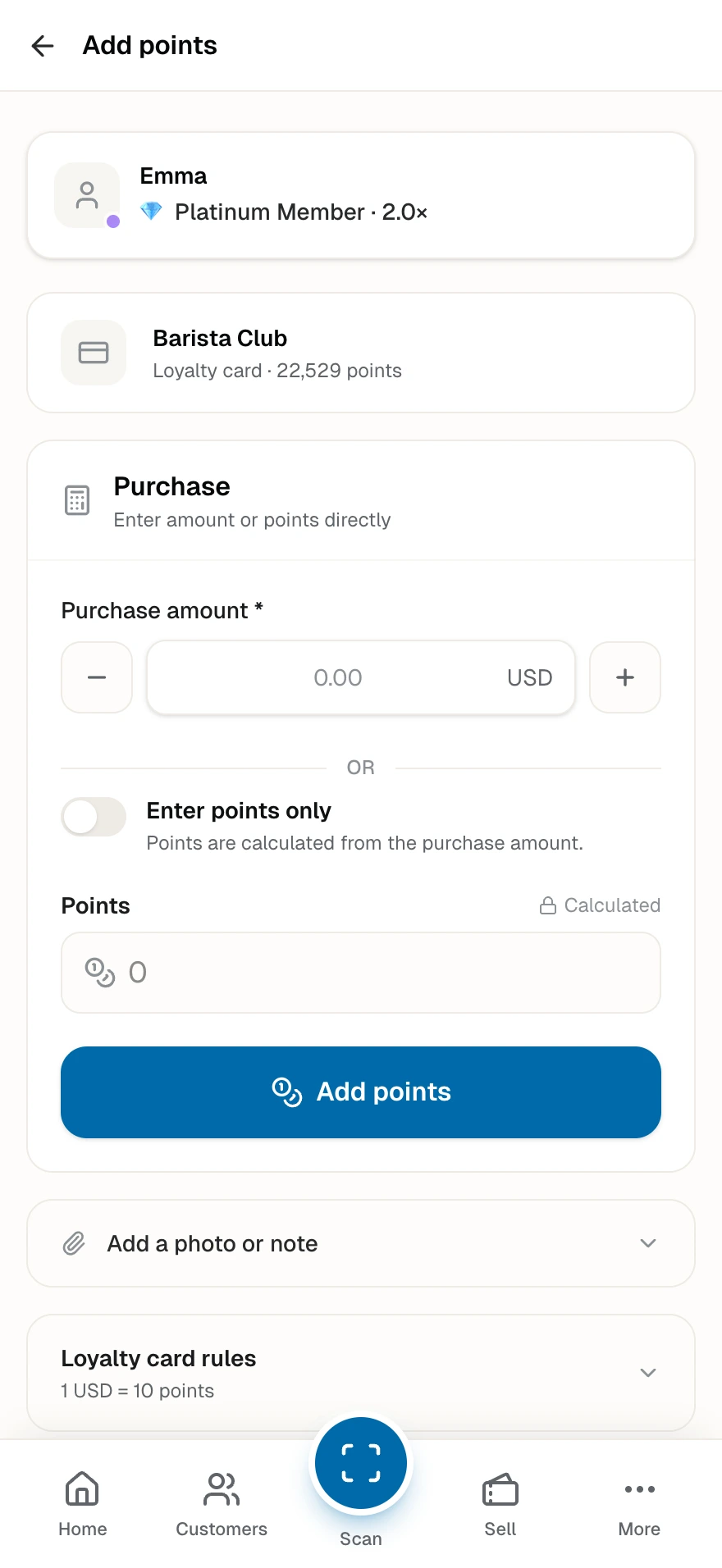 The Add points page with the member's tier badge, the purchase amount field, the calculated points, and the card rules.