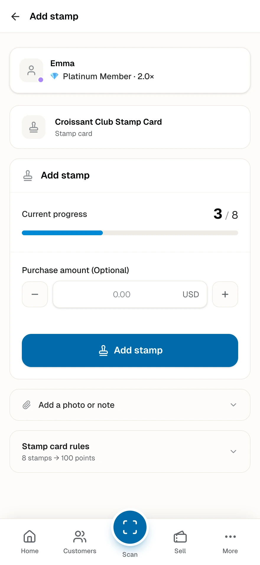 The Add stamp page with the customer card, current progress, optional purchase amount, and the Add stamp button.