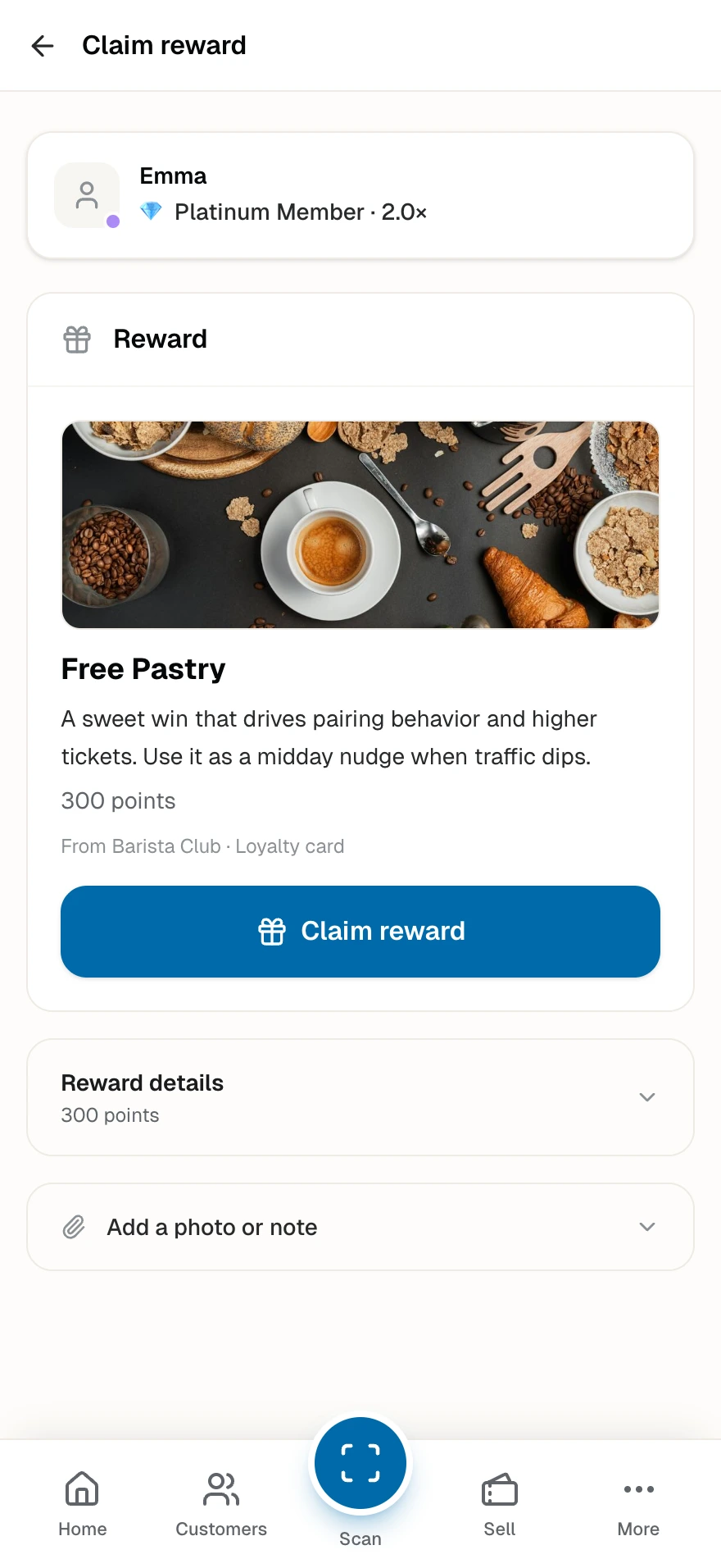 The Claim reward page with the customer, the reward, its point cost, the source card, and the Claim reward button.