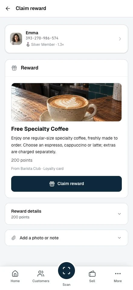 The Claim reward page with the customer, the reward, its point cost, the source card, and the Claim reward button.