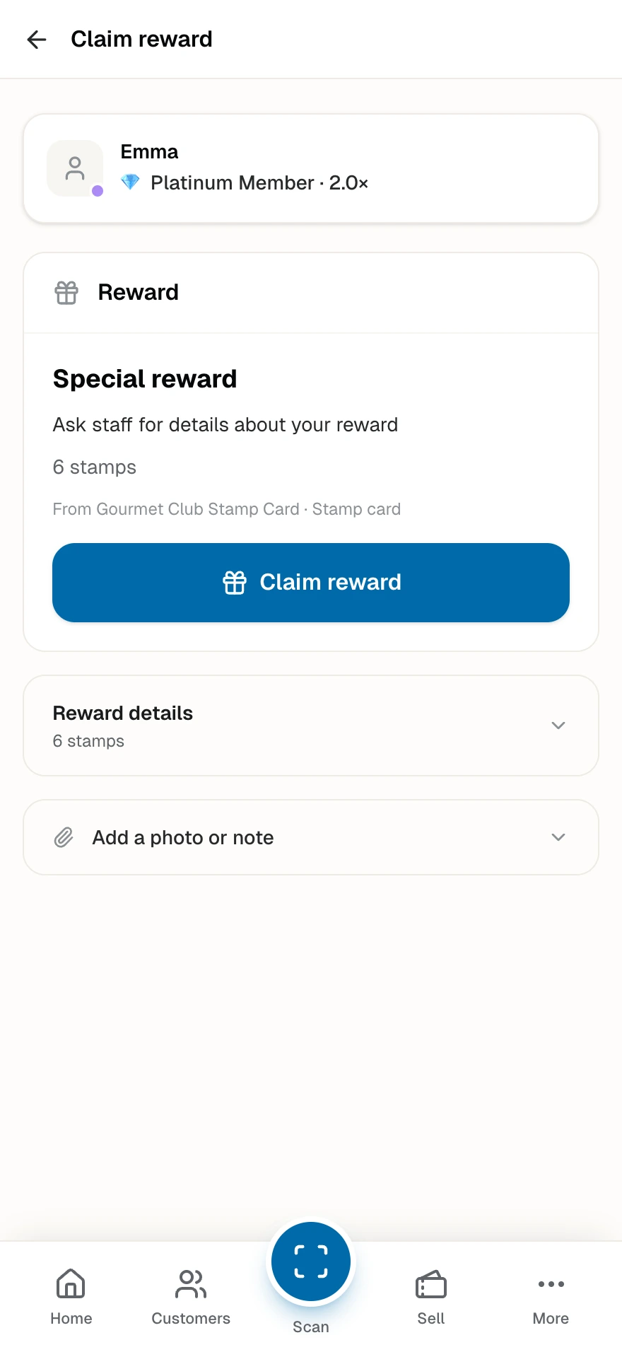 The stamp reward claim page with the customer's tier, the reward, the stamps it took, and the Claim reward button.