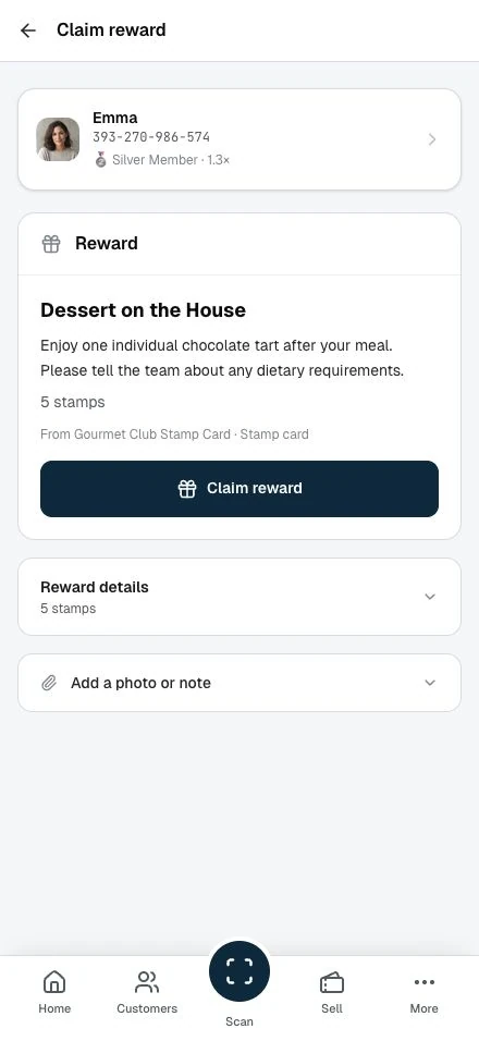 The stamp reward claim page with the customer's tier, the reward, the stamps it took, and the Claim reward button.