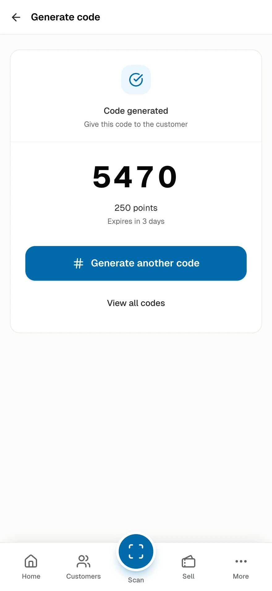 The generated code page with the 4-digit code full width, its points and expiry, and the Generate another code action.