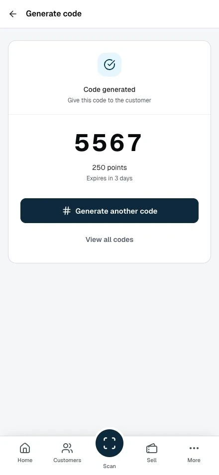 The generated code page with the 4-digit code full width, its points and expiry, and the Generate another code action.