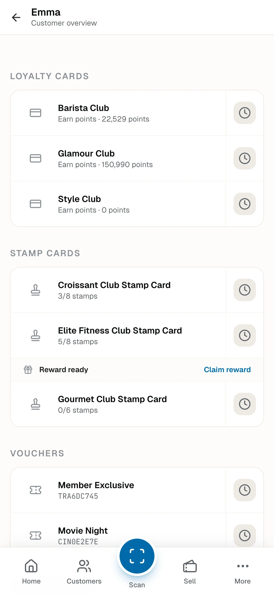 A customer overview with the member's loyalty cards, stamp cards, vouchers, and passes, each with its counter action.