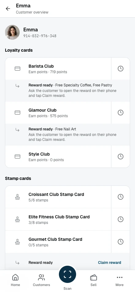 A customer overview with the member's loyalty cards, stamp cards, vouchers, and passes, each with its counter action.