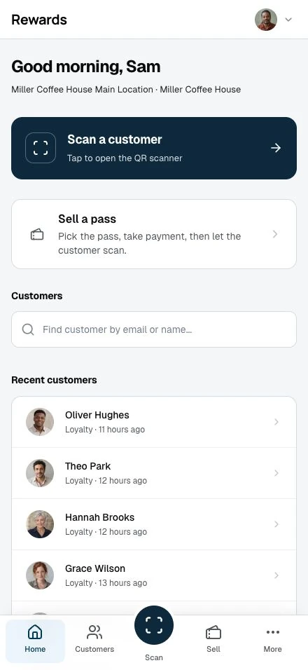 The staff home with the scan action, sell action, recent customers, and the bottom tab bar with its raised Scan button.