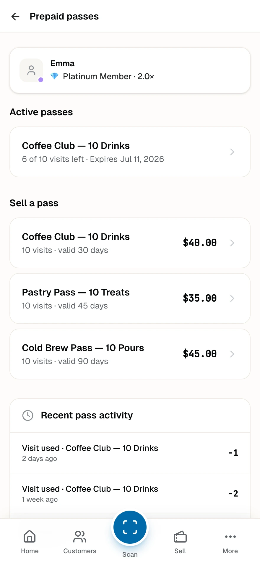 A member's passes hub with their active pass, the club's pass products with prices, and recent pass activity with undo.