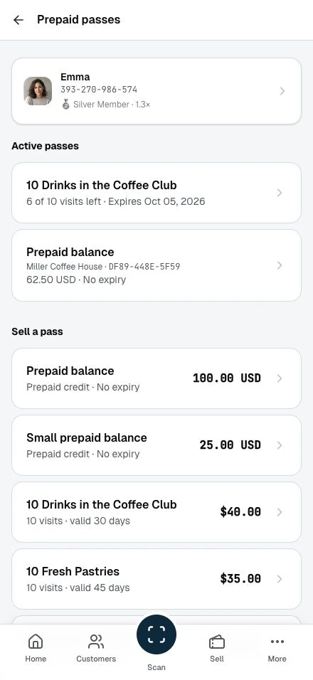 A member's passes hub with their active pass, the club's pass products with prices, and recent pass activity with undo.
