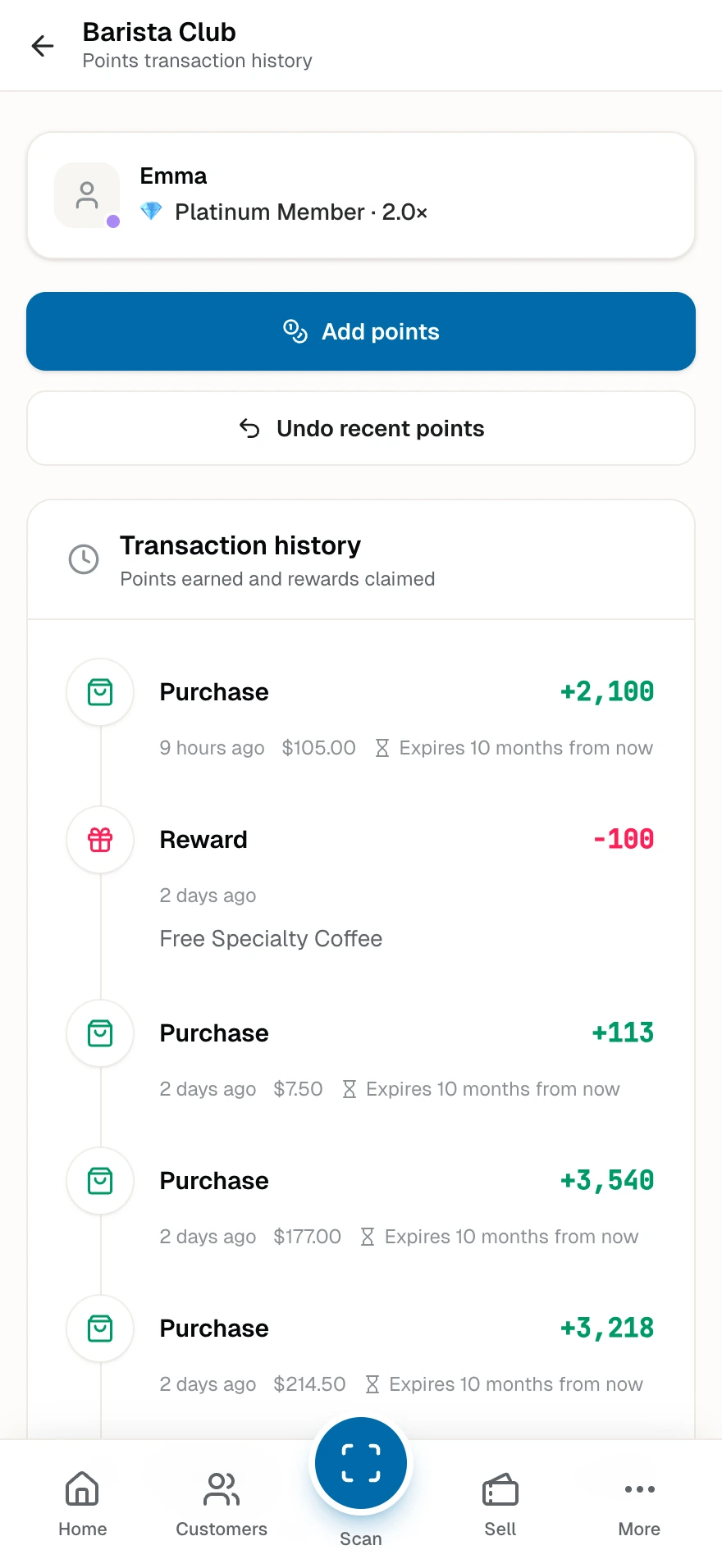 A card's transaction history at the counter with purchases, rewards, expiry notes, and the Undo recent points button.