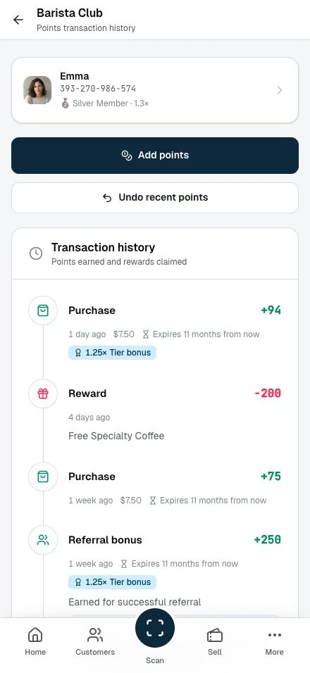 A card's transaction history at the counter with purchases, rewards, expiry notes, and the Undo recent points button.