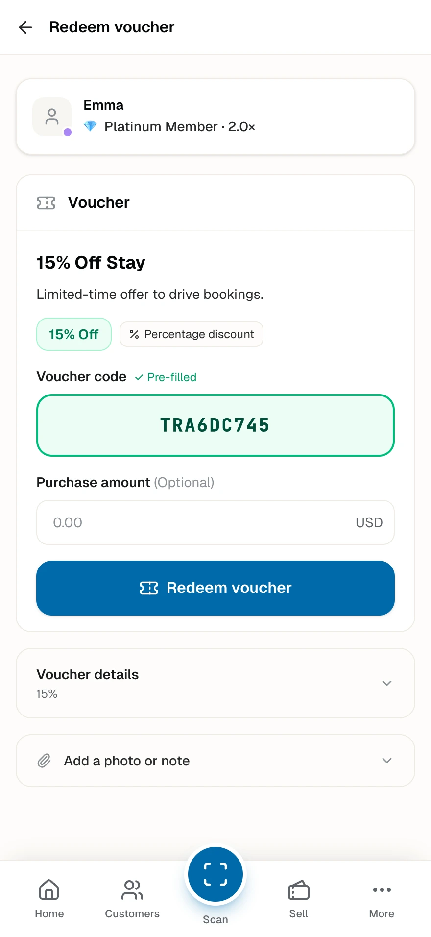 The Redeem voucher page with the customer, the voucher's discount, the pre-filled code, and the purchase amount field.