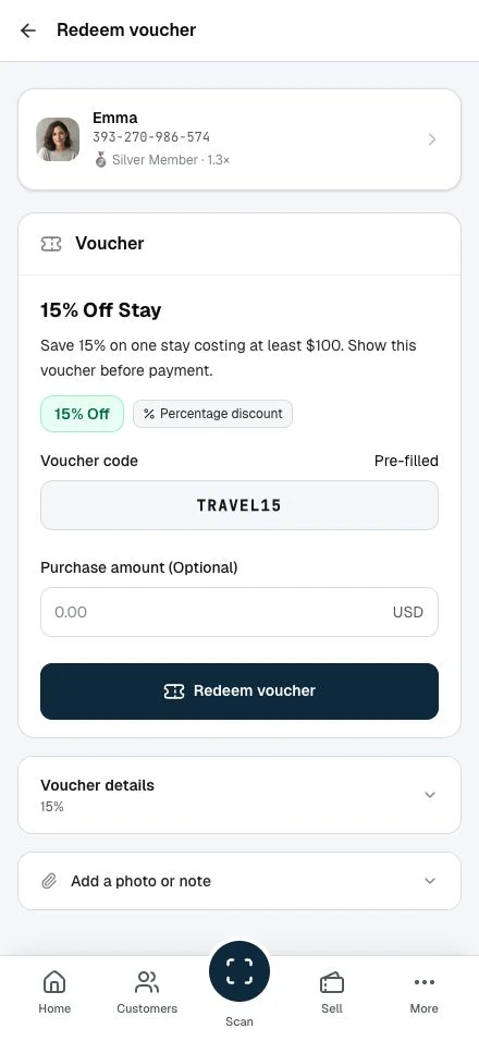 The Redeem voucher page with the customer, the voucher's discount, the pre-filled code, and the purchase amount field.