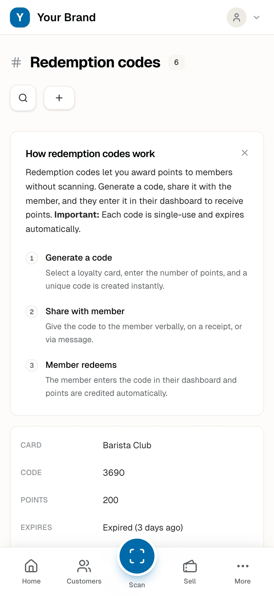 The Redemption codes list with open codes counting down to expiry and used codes with masked member emails.