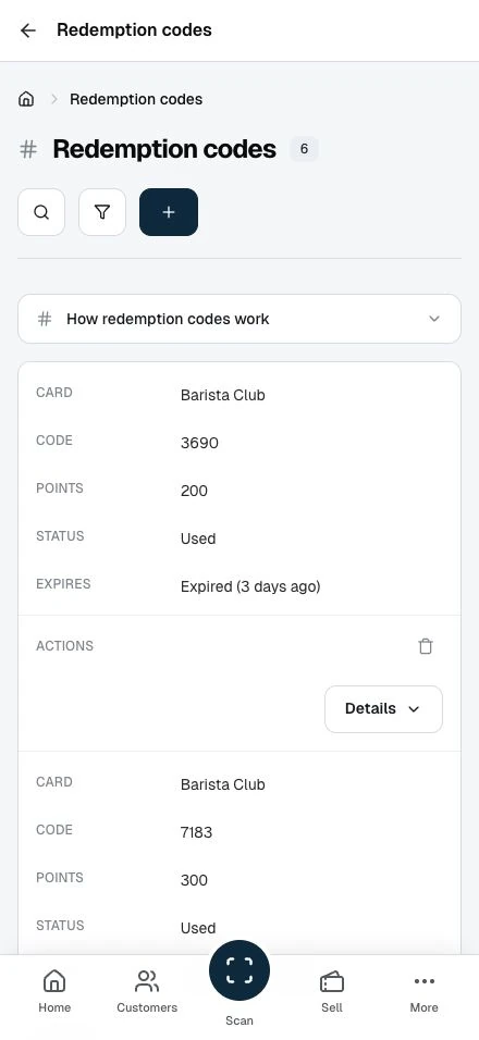 The Redemption codes list with open codes counting down to expiry and used codes with masked member emails.