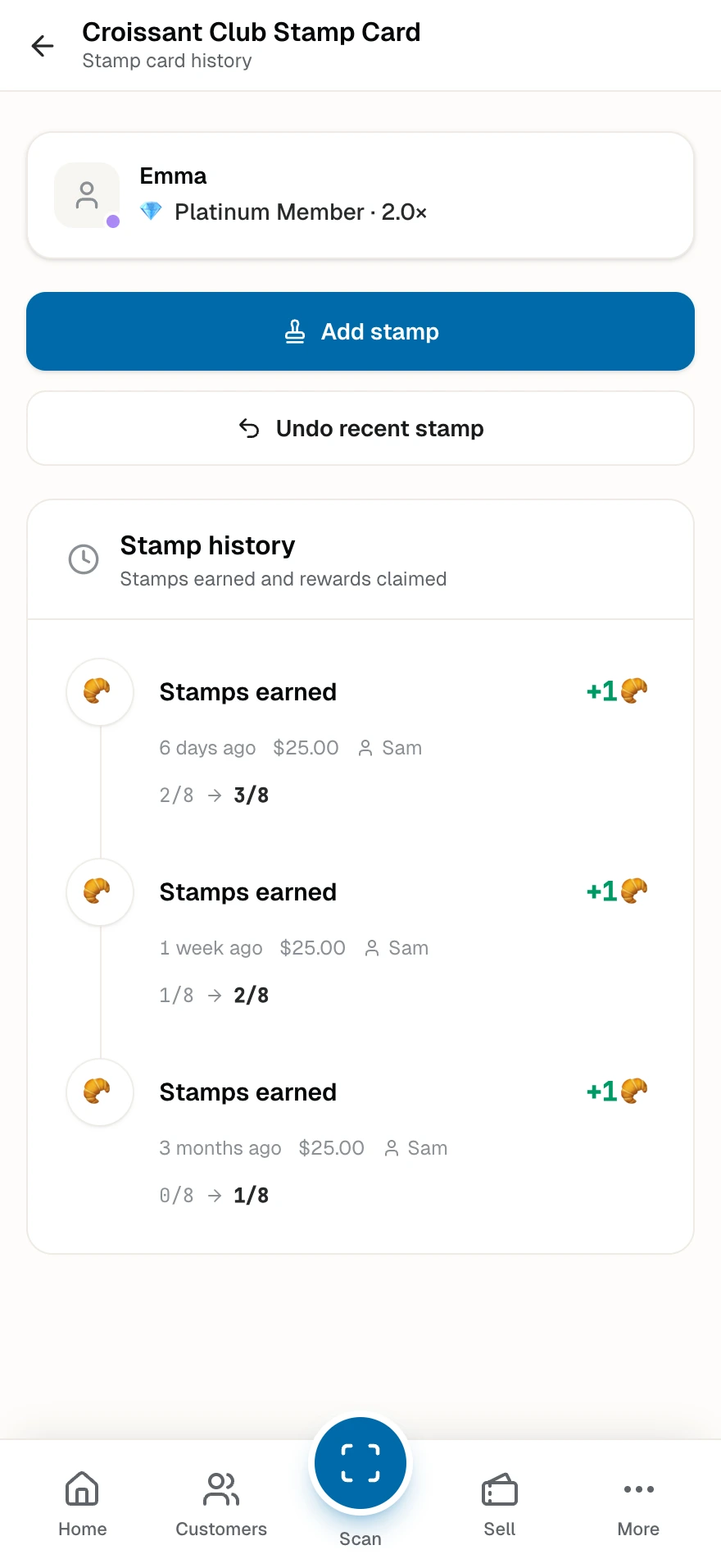 A stamp card history with the member card, stamp progress, and the transaction timeline with staff attribution.