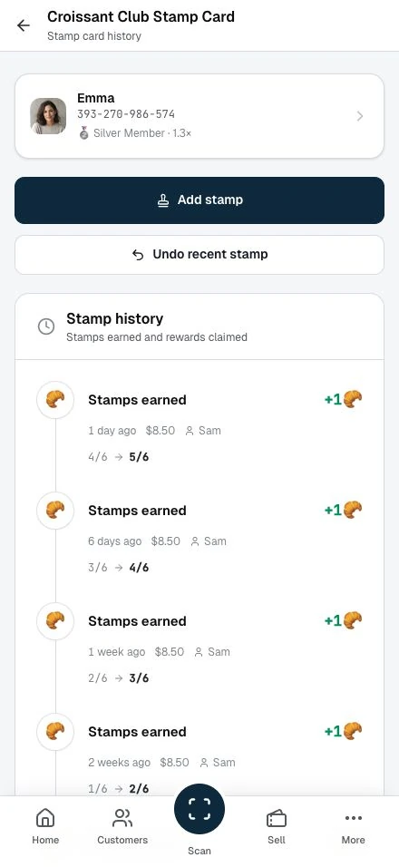 A stamp card history with the member card, stamp progress, and the transaction timeline with staff attribution.