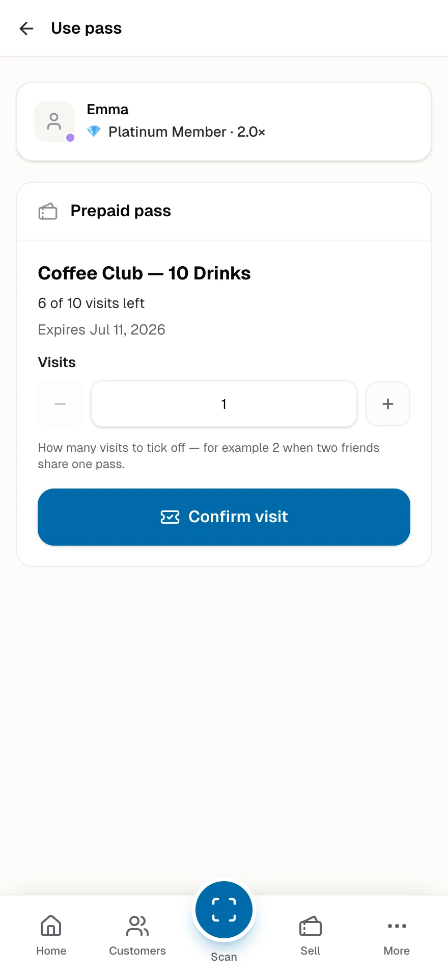 The pass use screen with the remaining visit count, expiry date, visits stepper, and the Confirm visit button.