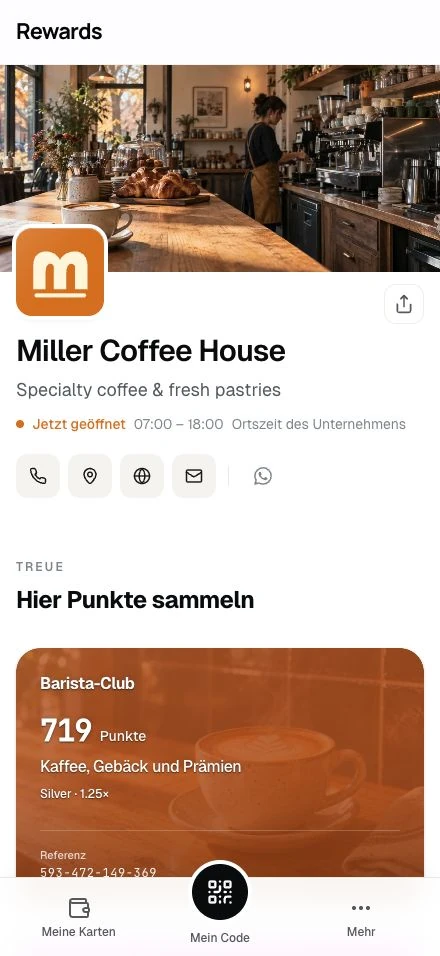 Das Kunden-Wallet auf dem Smartphone, mit geöffneter Unternehmensseite