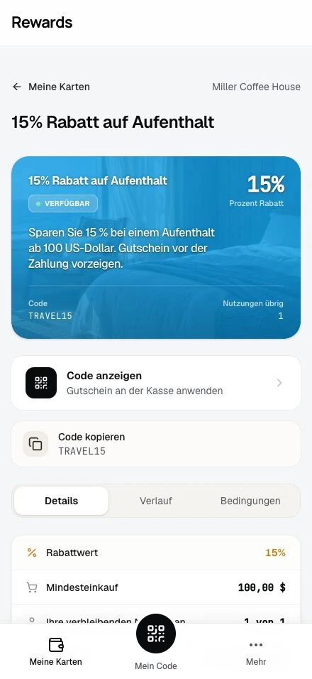 Der Gutschein des Kunden und die Einlöseoberfläche für Mitarbeiter.