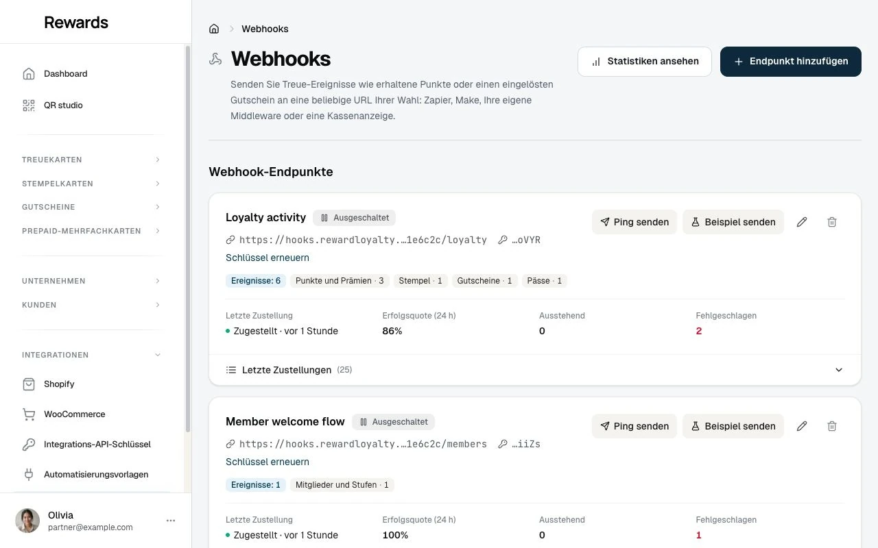 Die Webhooks-Ansicht im Unternehmens-Dashboard, mit pausierten Beispiel-Endpunkten und ihren abonnierten Ereignissen.