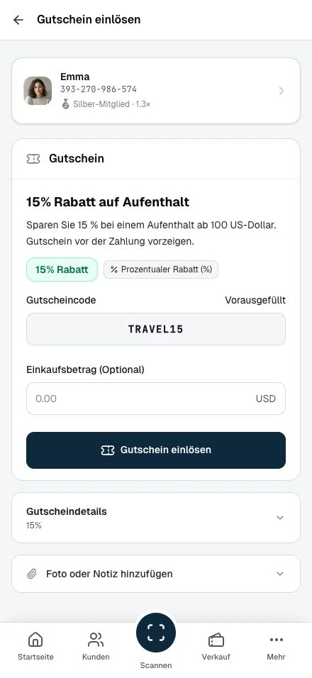 Der Gutschein des Kunden und die Einlöseoberfläche für Mitarbeiter.