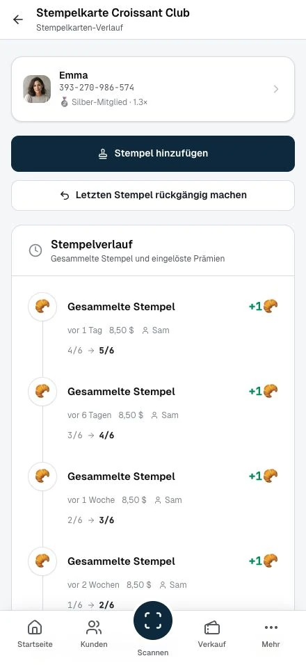 Fortschritt auf der Mitgliedskarte und der zugehörige Transaktionsverlauf.