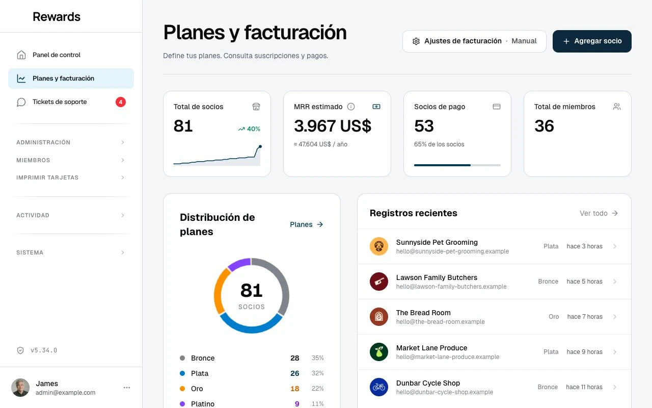 Planes y facturación de la demo. Los ingresos son una estimación basada en los planes asignados.
