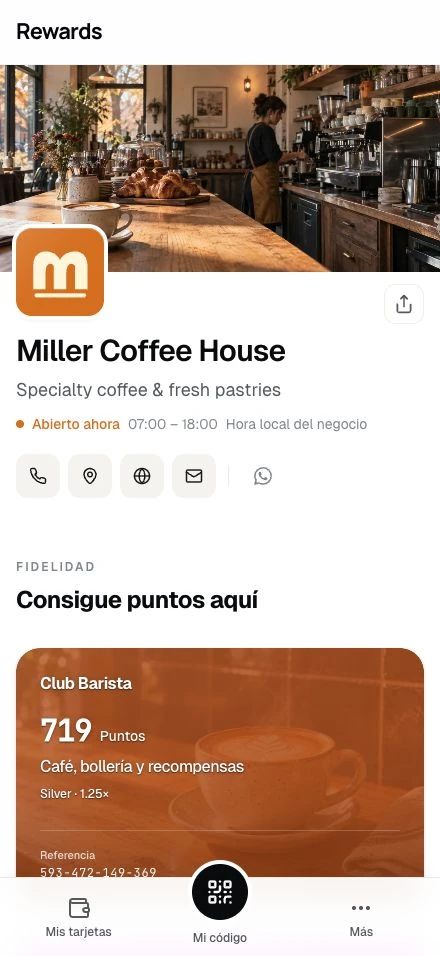 La página de Miller Coffee House en la cartera del miembro, con el horario y su tarjeta de puntos.