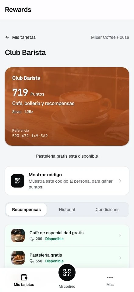 El saldo de puntos de un cliente y la recompensa que puede canjear.