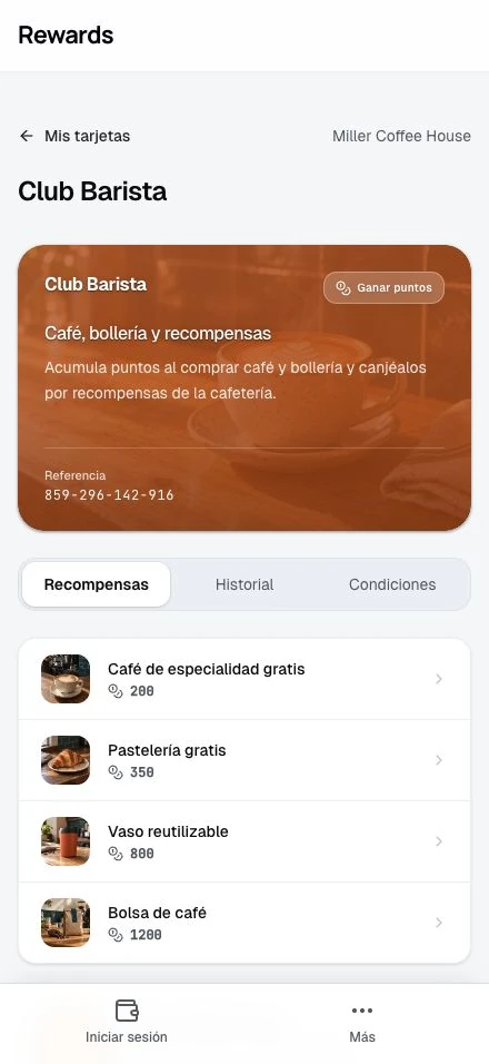 La página de tarjeta sin sesión iniciada, con la opción Iniciar sesión.