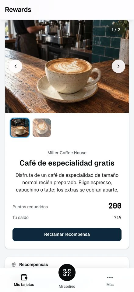 El saldo de puntos de un cliente y la recompensa que puede canjear.