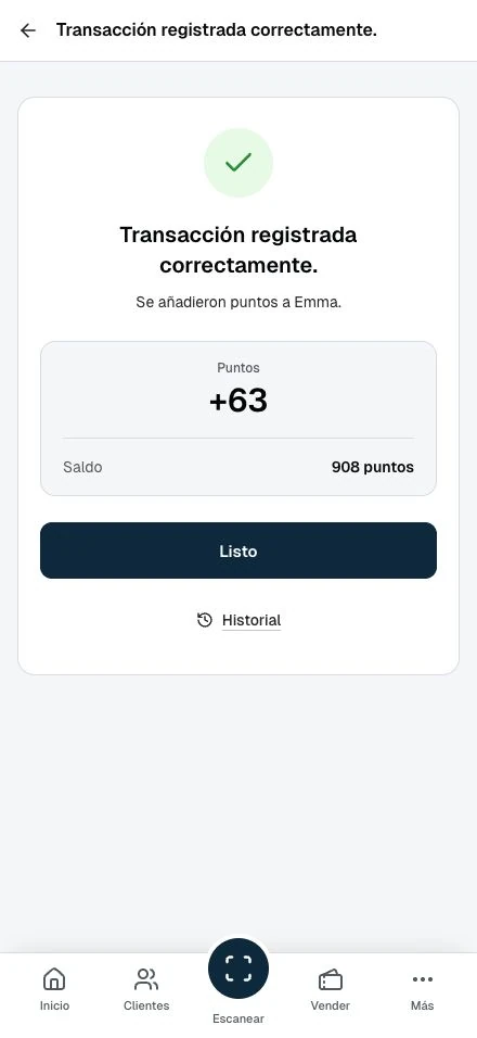 Tras añadir puntos, el personal ve el resultado y puede abrir el historial.