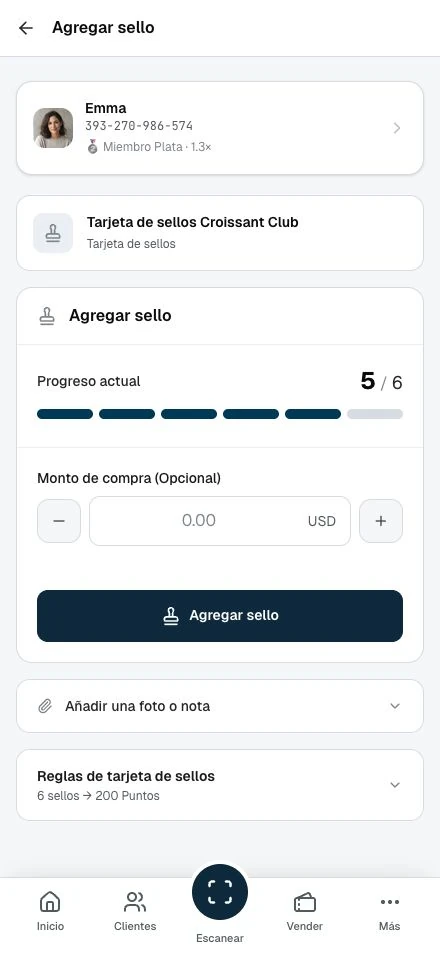El formulario Añadir sello del personal para un cliente, con el progreso actual y el botón de confirmación.