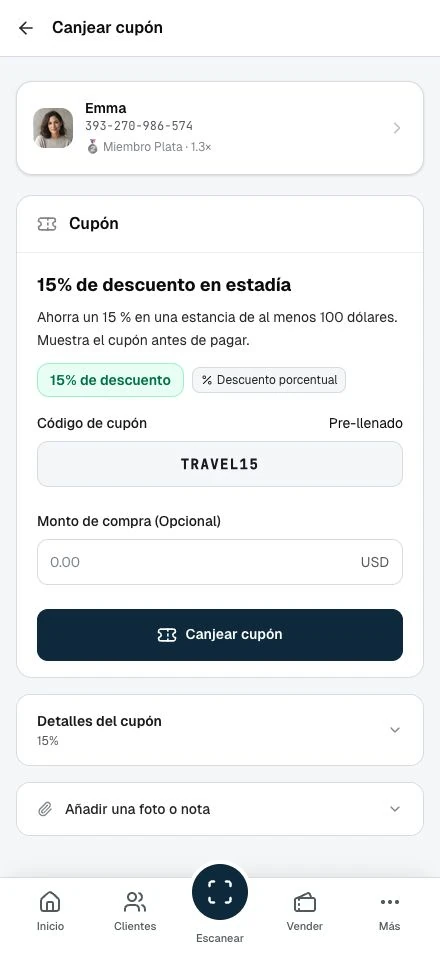 El vale del cliente y la pantalla de canje del personal.