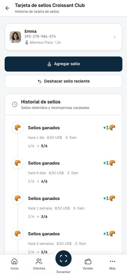 El progreso en la tarjeta del miembro y su historial de transacciones.