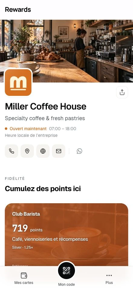 La page de Miller Coffee House dans le portefeuille membre, avec les horaires et sa carte à points.