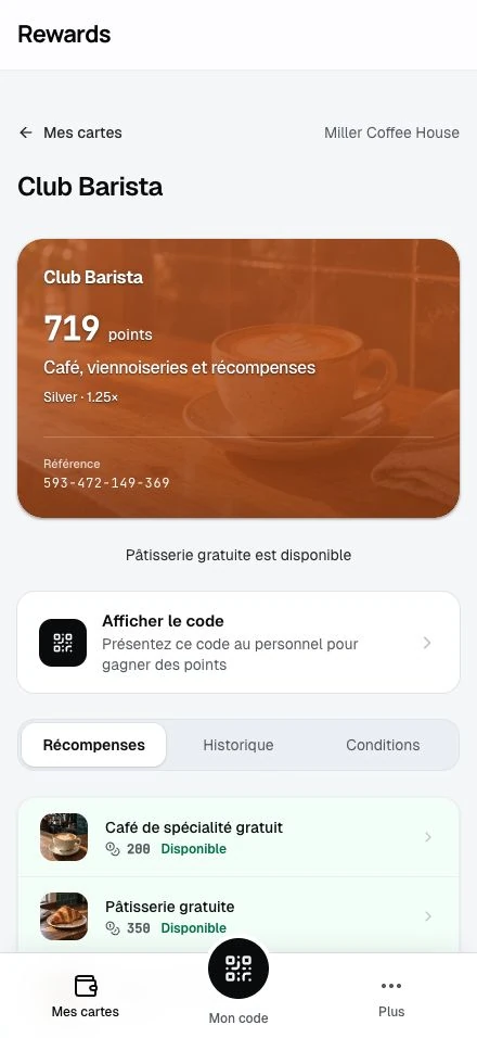 Le solde de points d'un client et la récompense qu'il peut réclamer.